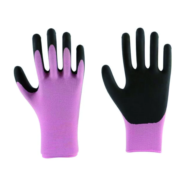 Purple and black coated work gloves